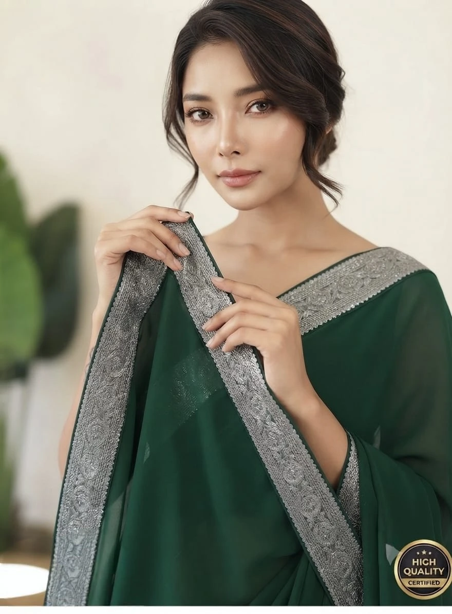 Close-up view of green saree pallu with silver border detailing