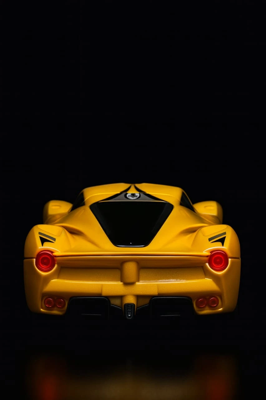 Rear view with red circular taillights, black diffuser details and a wide spoiler