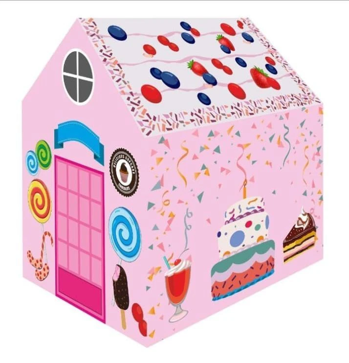 Pink house-shaped kids play tent with candy, cake and strawberry print, shown from front corner view