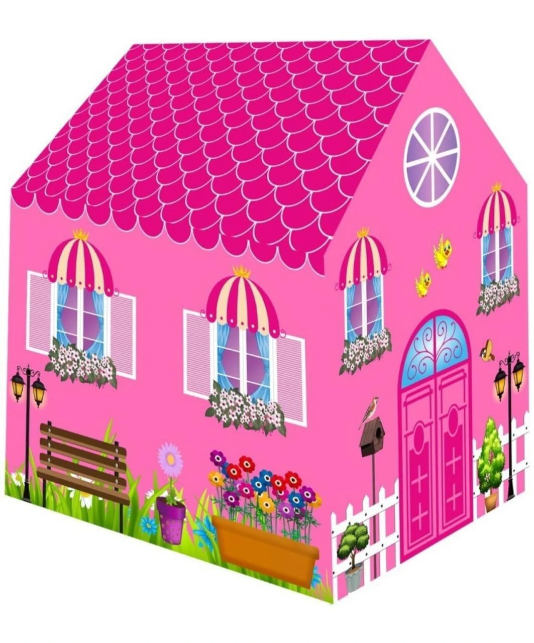 Pink cottage play tent from side-front angle with scalloped roof, arched door, windows, bench and flower boxes