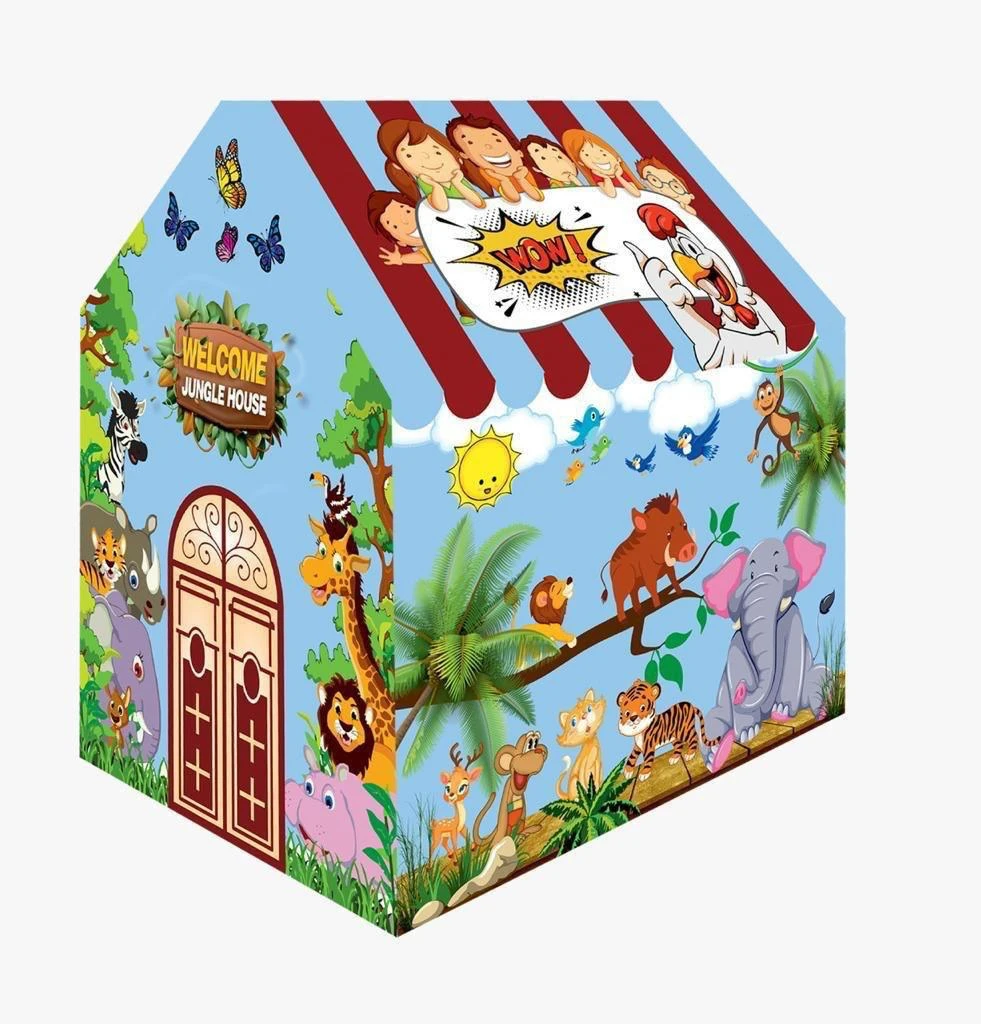 Blue jungle play tent in front-left view with striped roof, animal print, arched door and welcome sign