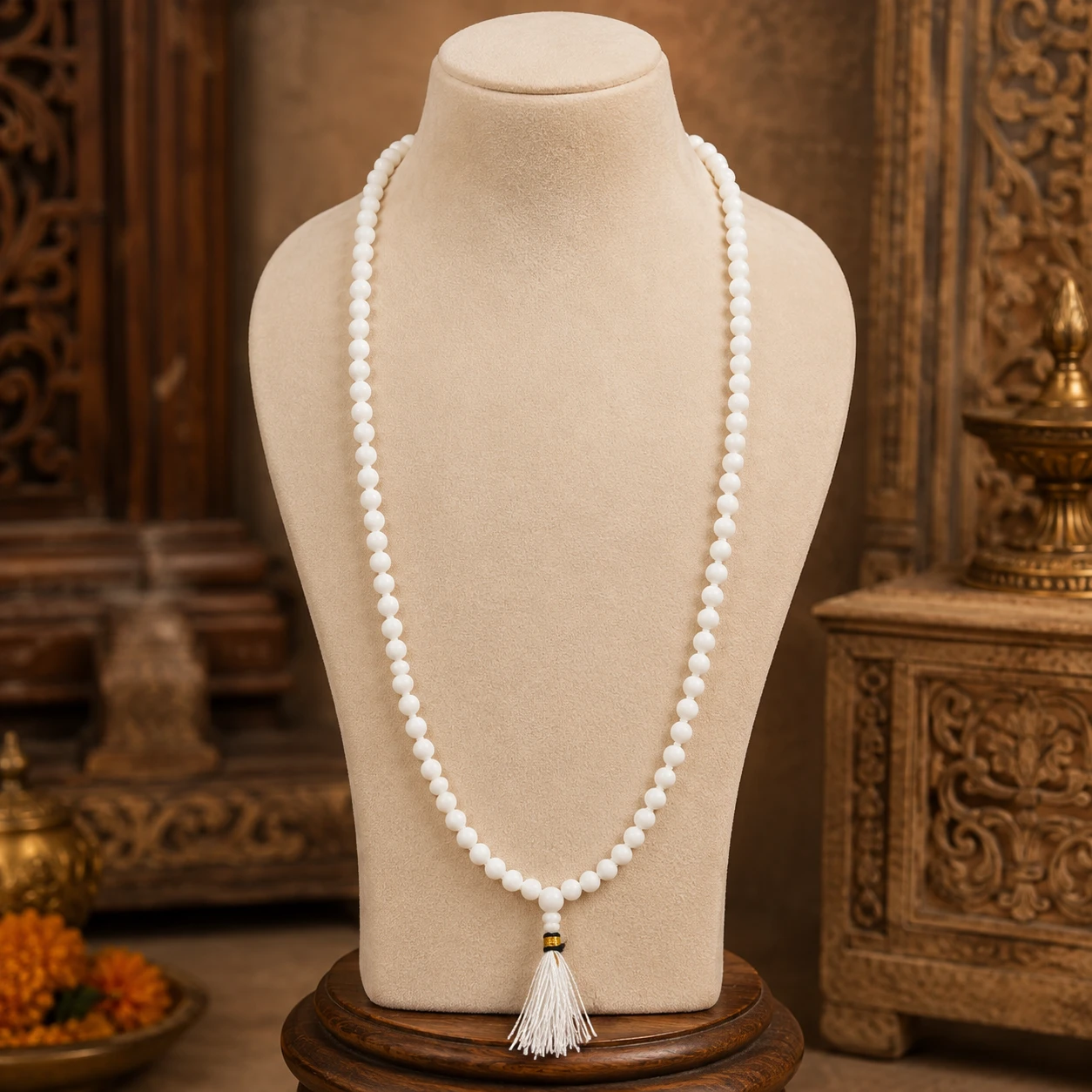 Front view of long white beaded mala on a beige display bust with white tassel