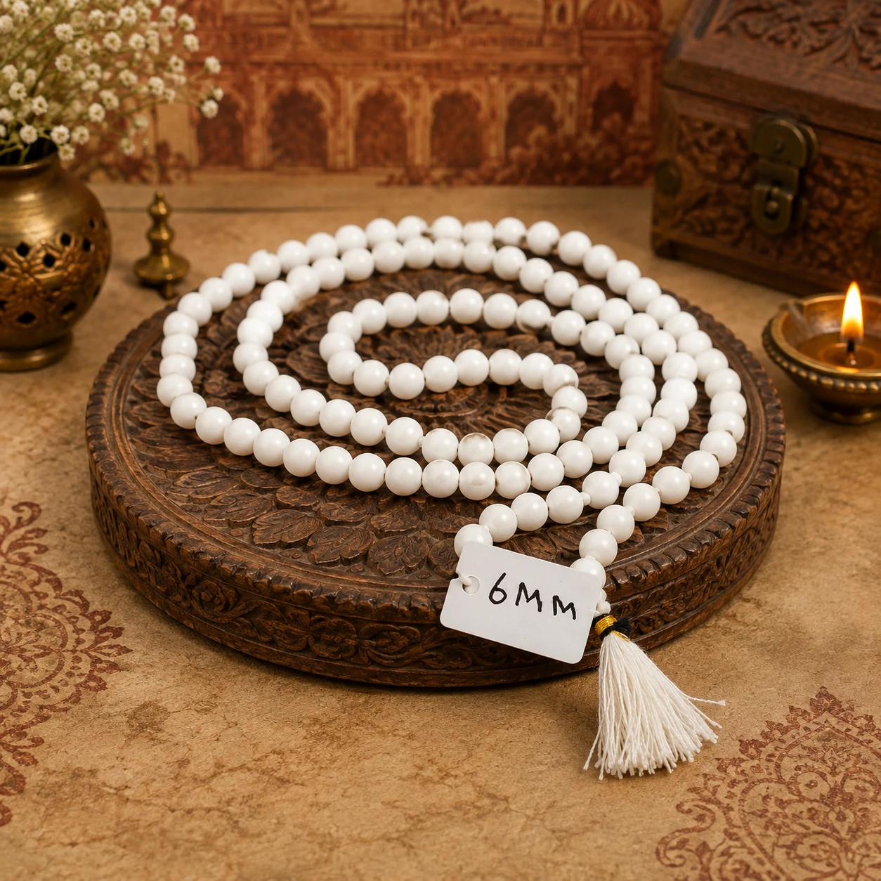 Coiled white bead mala on carved wooden tray with tassel and visible 6MM size tag