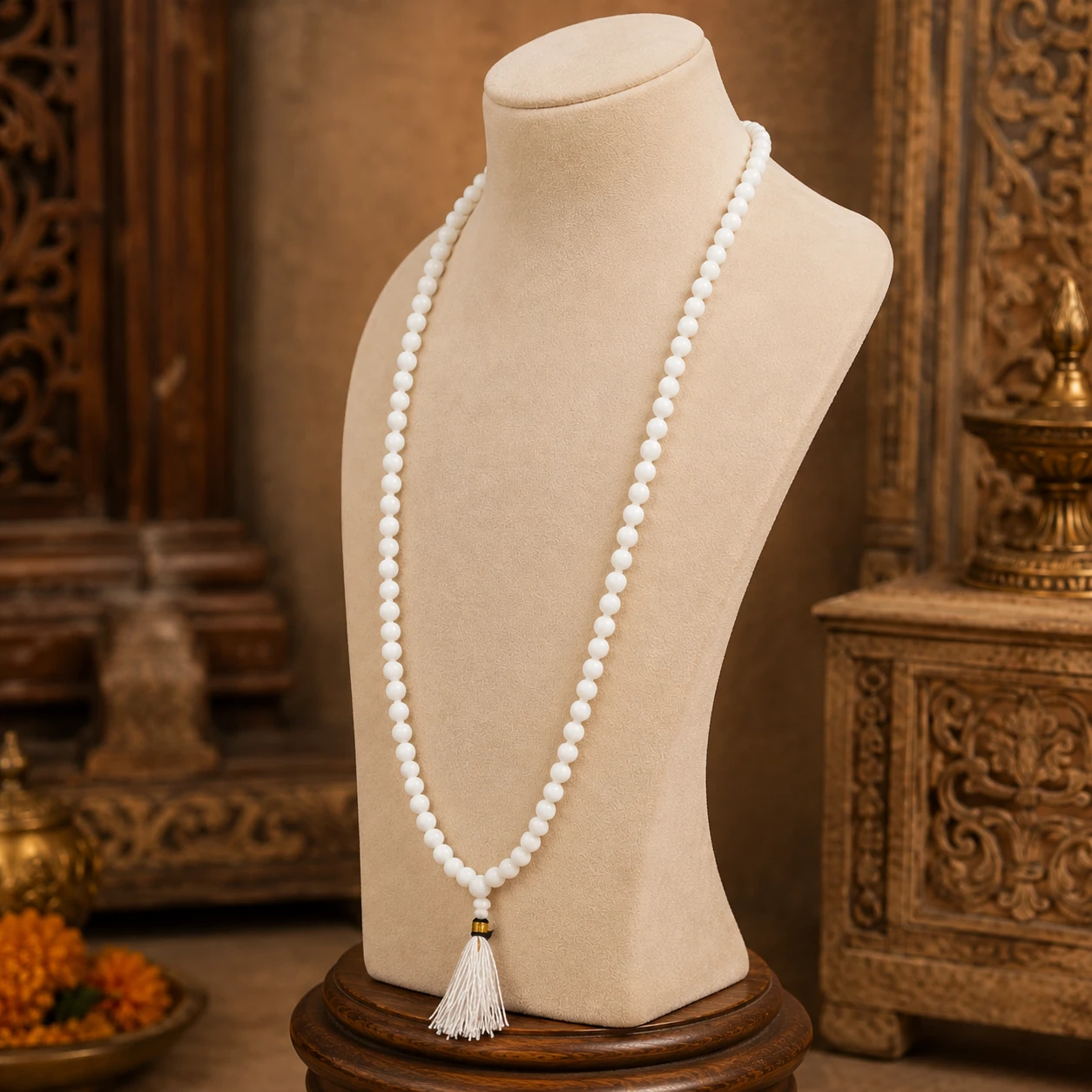 Angled side view of white round-bead mala on beige bust showing full tassel drop