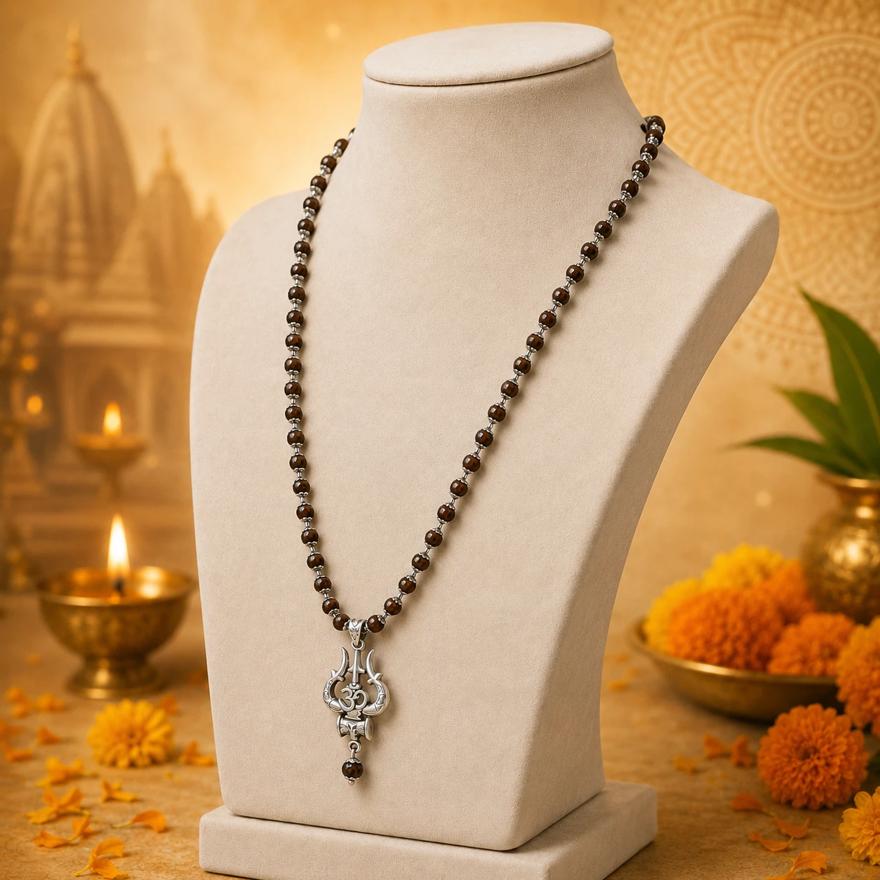 Angled display of the necklace highlighting bead spacing and detailed pendant shape