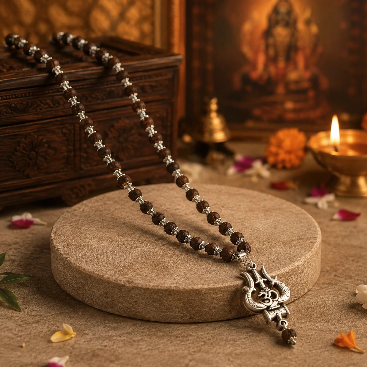 Close-up flat lay of the beaded necklace with silver-tone Om Trishul pendant on a round stand