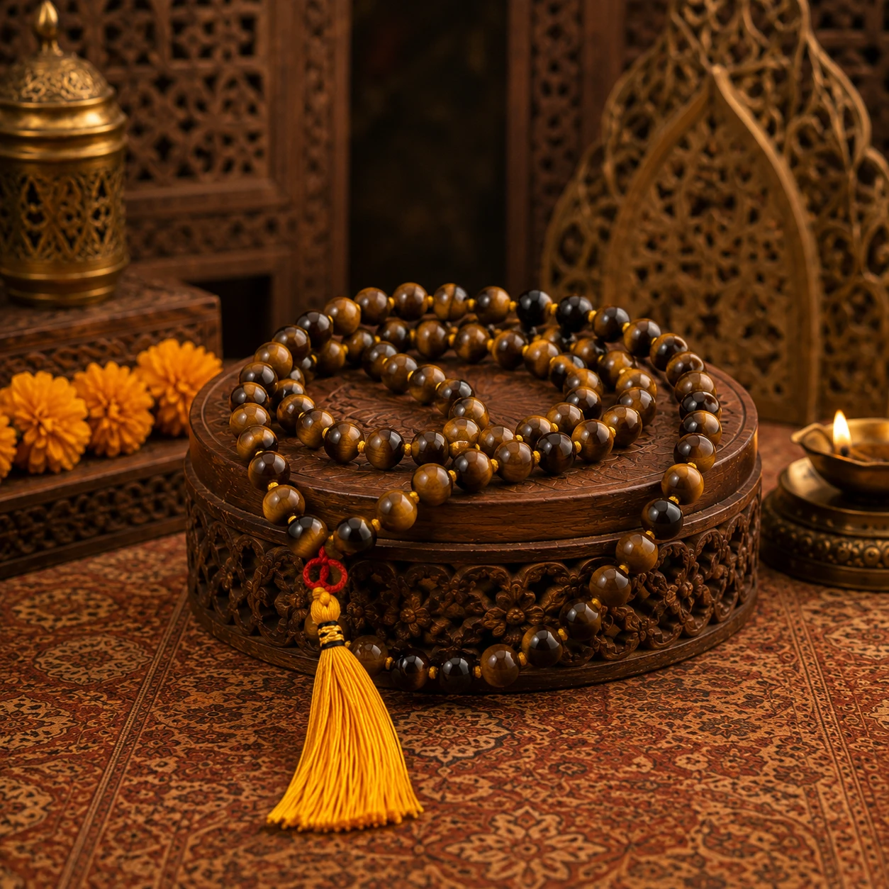 Coiled tiger eye prayer beads on a carved wooden platform with the yellow tassel draped in front