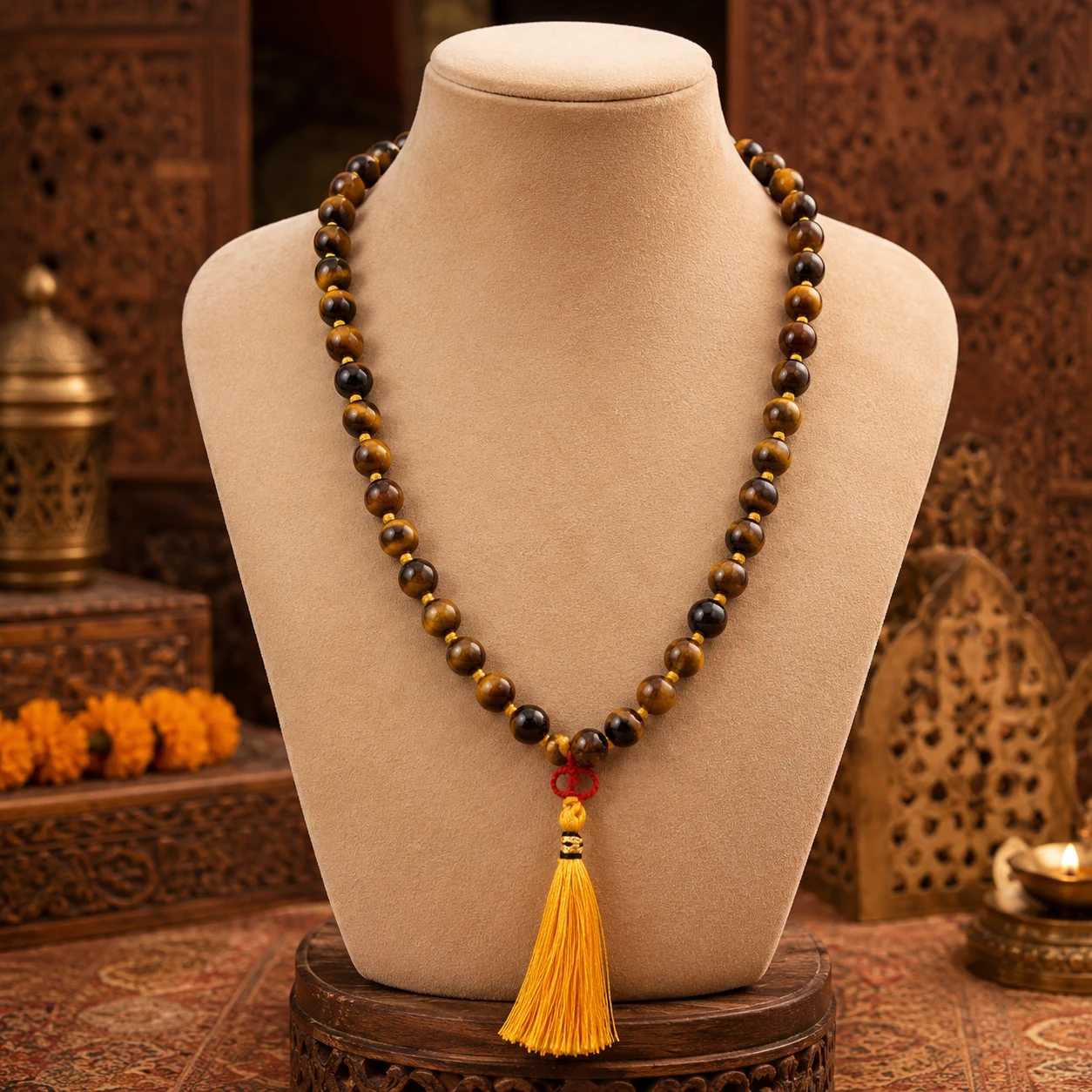 Front view of the brown-gold beaded mala showing the centered tassel and red thread detail