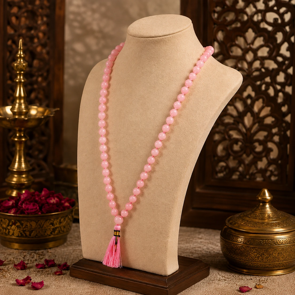 Pink beaded mala draped on a beige display bust with matching tassel