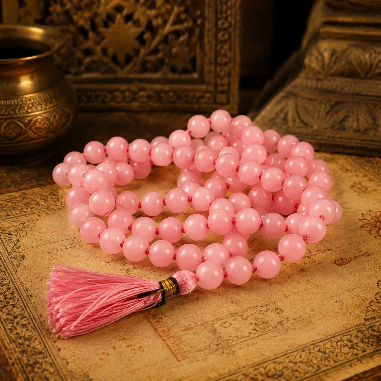 Coiled close-up of the pink round-bead mala showing tassel and bead spacing