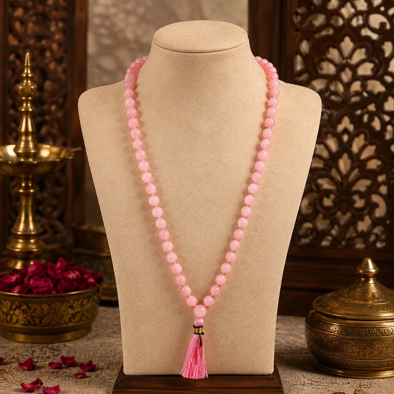 Front view of the long pink prayer mala on a display stand with tassel centered