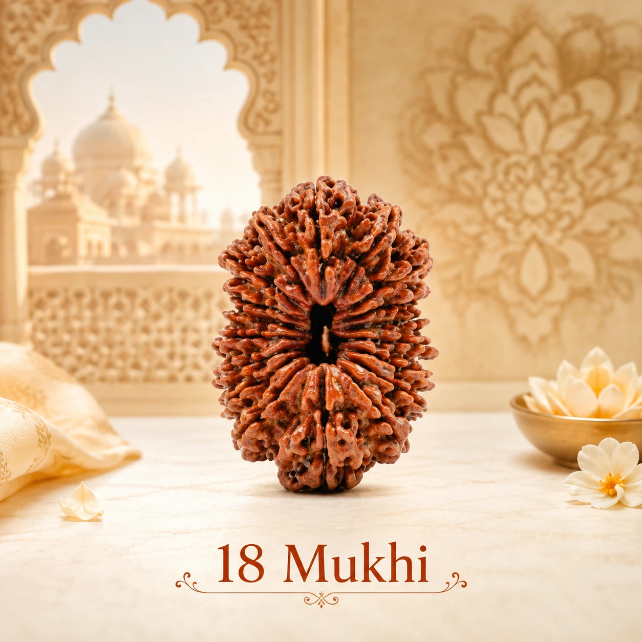 Close front view of the 18 Mukhi Rudraksha bead on a light surface with floral and arch background