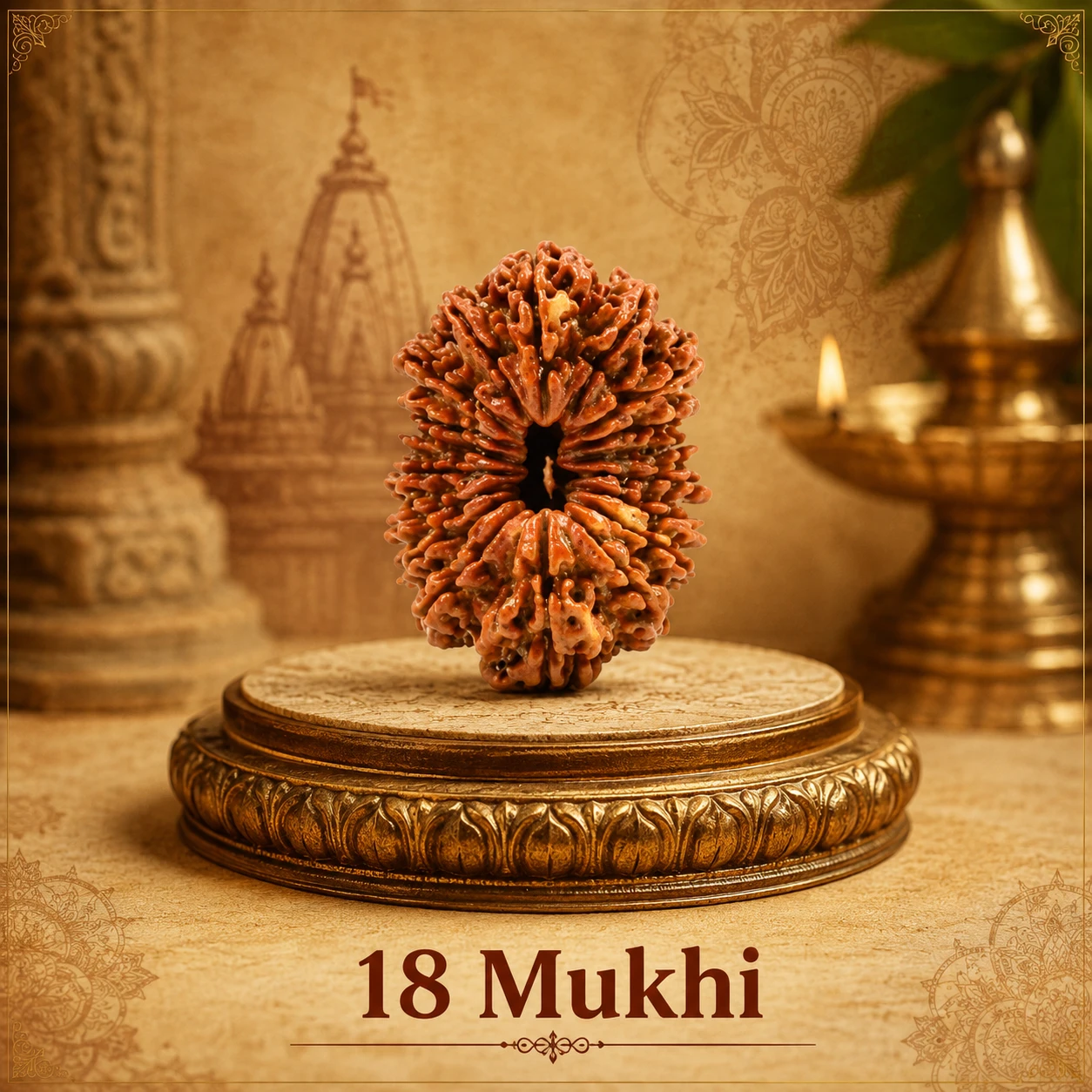Centered Rudraksha bead shown on carved round stand with warm devotional decor and 18 Mukhi text below