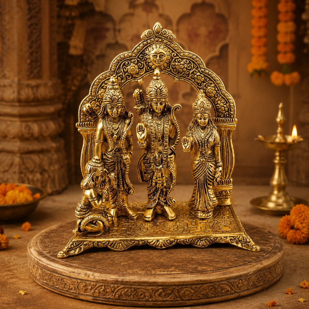 Centered close front shot showing detailed carvings on the arch, figures and patterned pedestal base