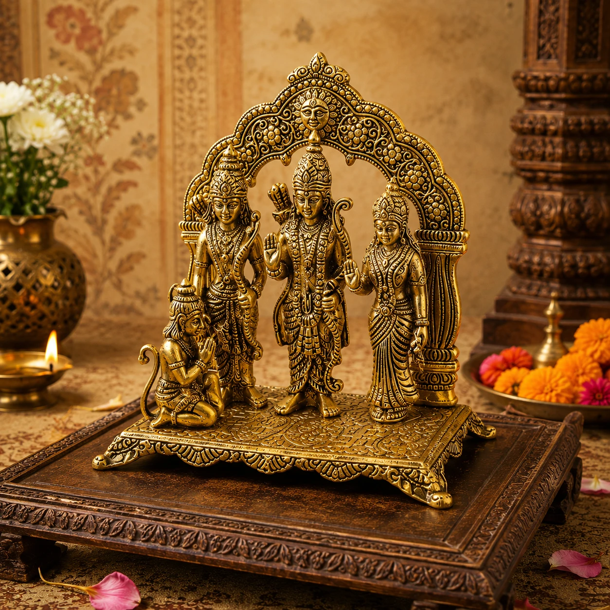 Slight angled view of the brass devotional statue placed on a carved wooden chowki with diya and flowers