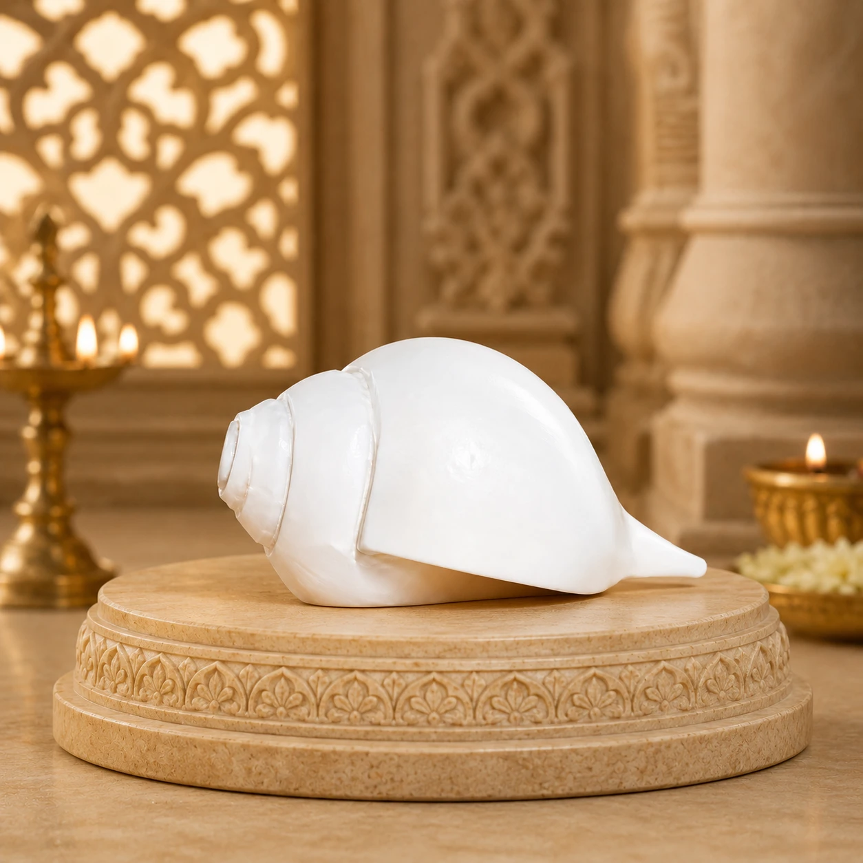 Side view of the smooth white shankh showpiece on a carved stand with warm festive backdrop
