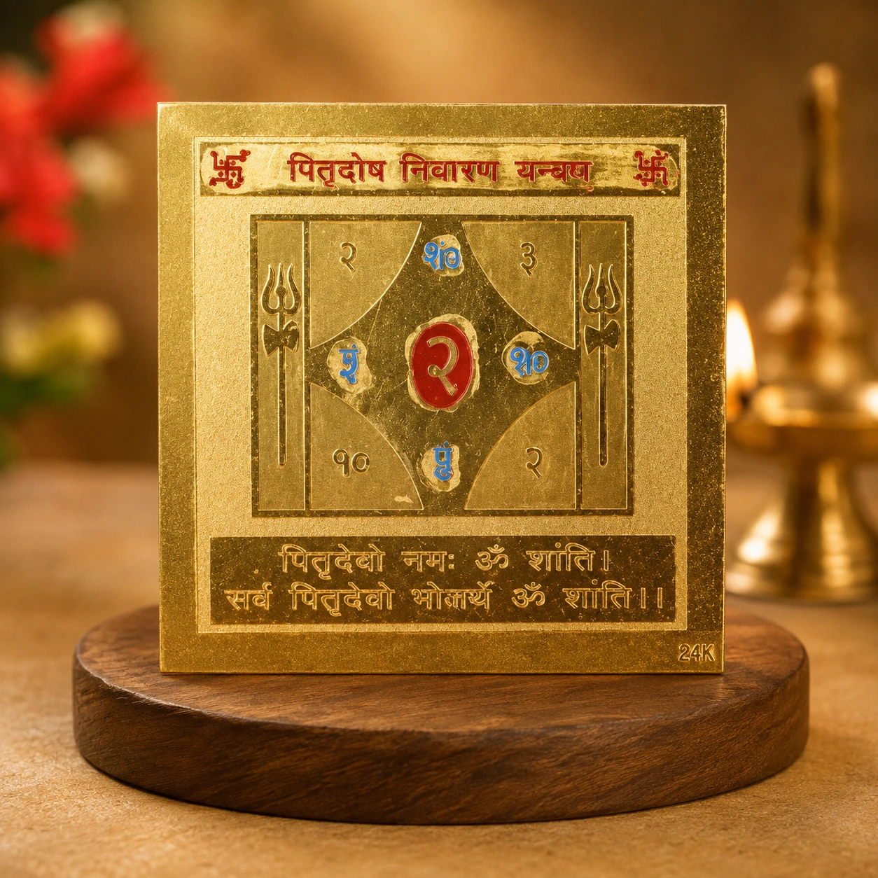 Straight-on view of the 24K-marked yantra plaque on a dark wooden pedestal with warm lamp background