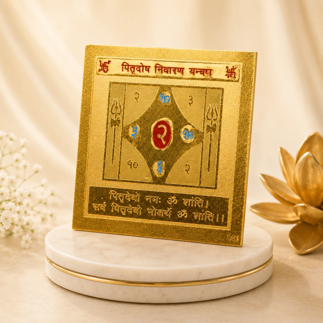 Angled view of the rectangular gold-finish yantra plaque showing its slim profile on a marble stand
