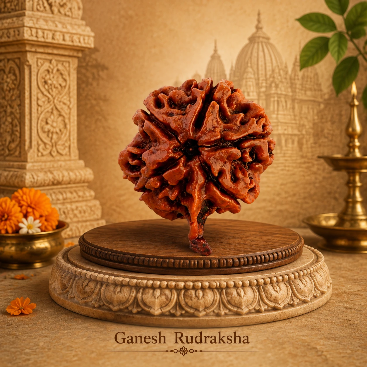 Ganesh Rudraksha displayed on layered wooden and carved round stands with temple decor backdrop