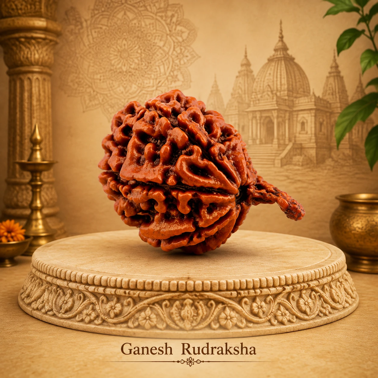 Side angle of Ganesh Rudraksha showing deep natural grooves and protruding stem detail