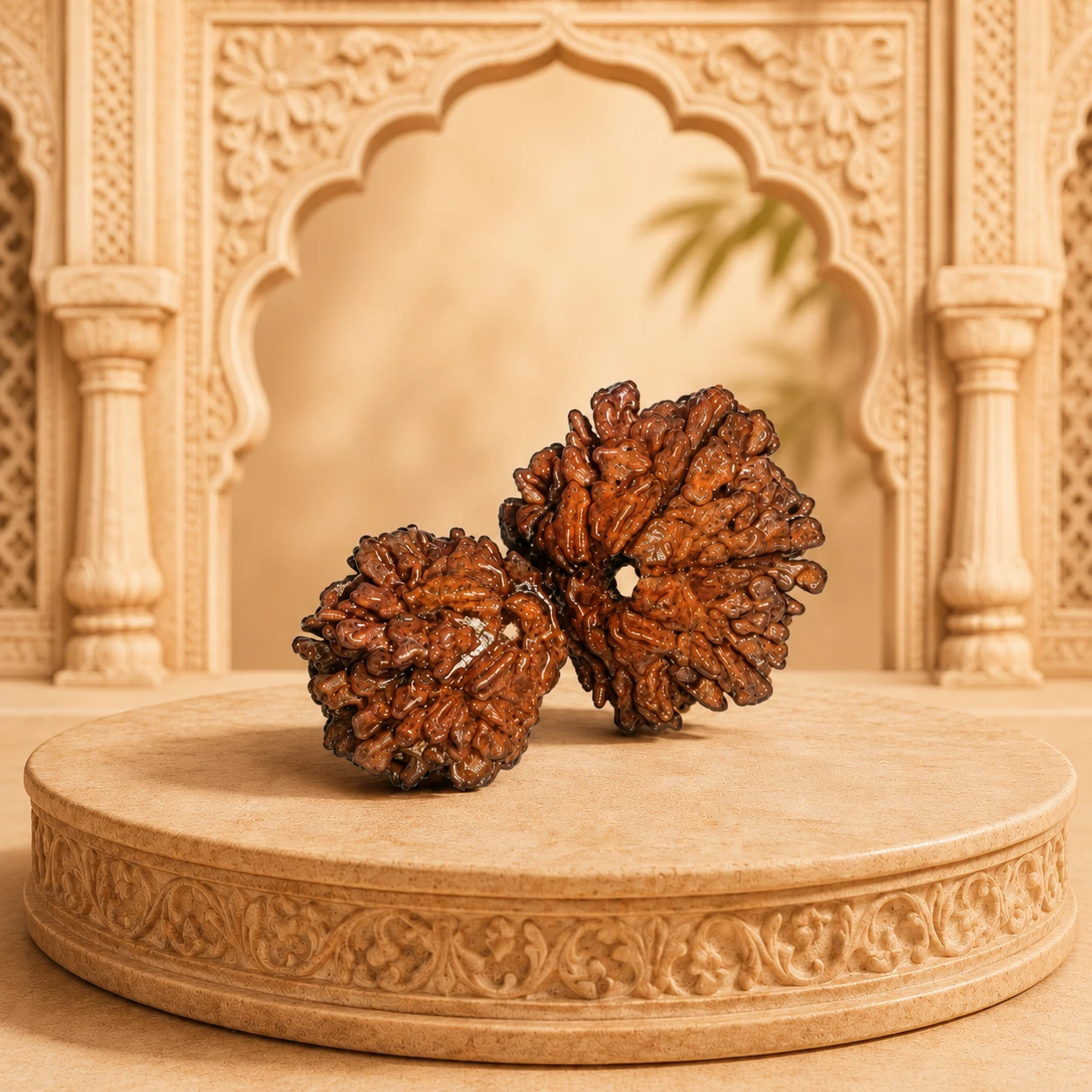 Rudraksha bead pair centered on an ornate round stand against an arched carved background