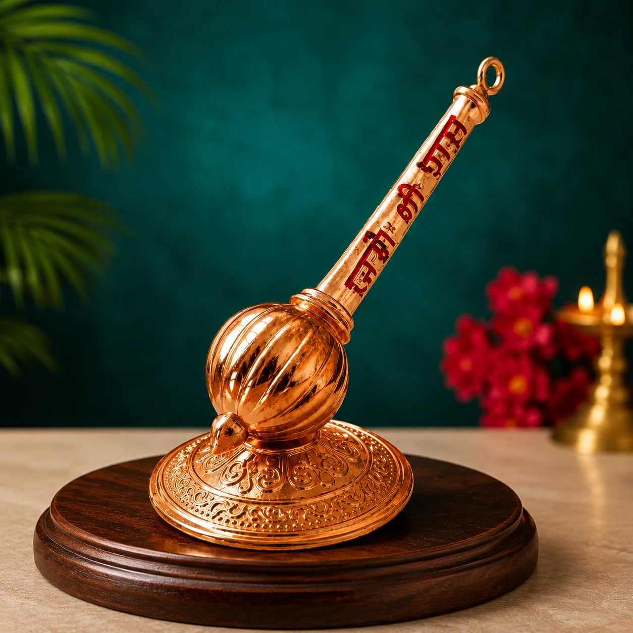 Angled full view of engraved copper-finish bell on round wooden stand with teal background