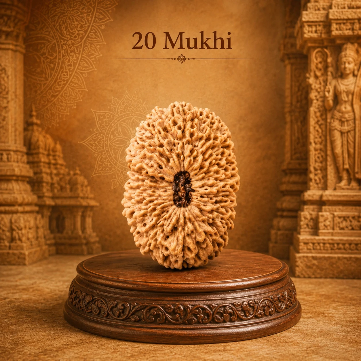 Front view of the textured 20 Mukhi Rudraksha with dark central opening on a round carved display stand