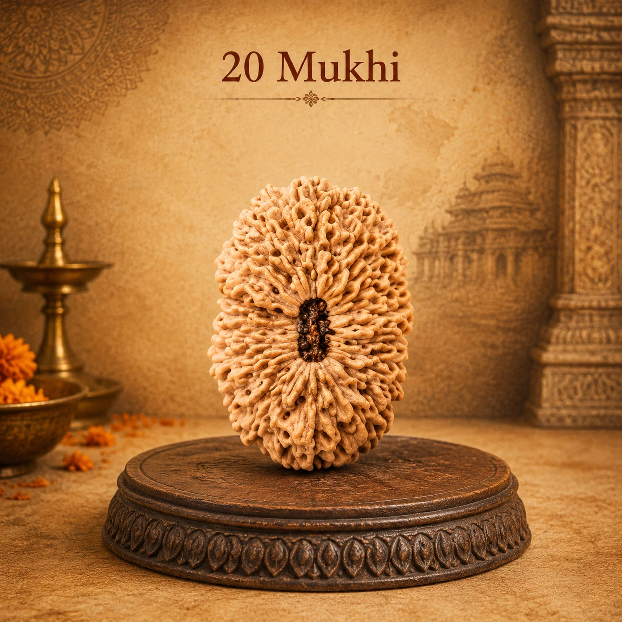 Close centered view of the 20 Mukhi Rudraksha on a darker embossed pedestal beside a brass diya