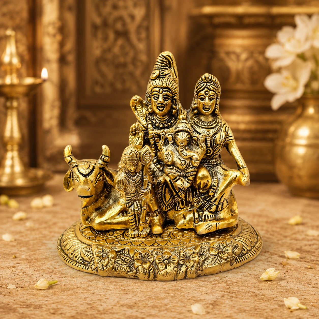 Front view of antique brass Shiva Parivar idol with Nandi on an oval floral engraved base
