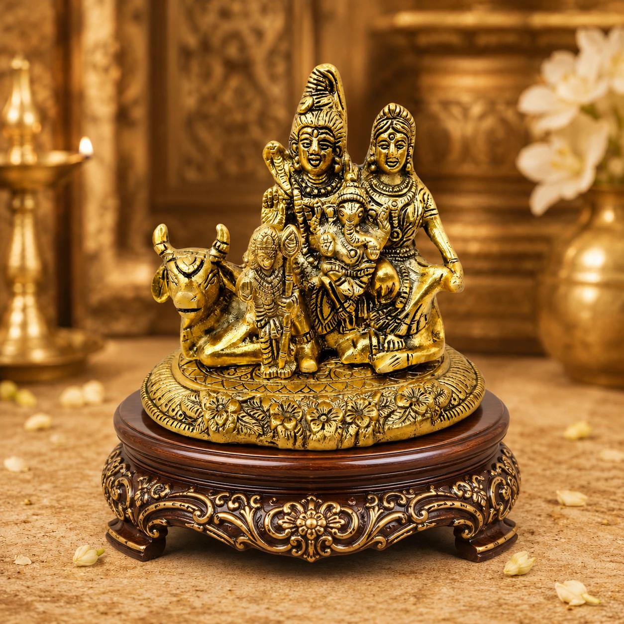 Centered close view highlighting the floral base carving and decorative pedestal under the idol