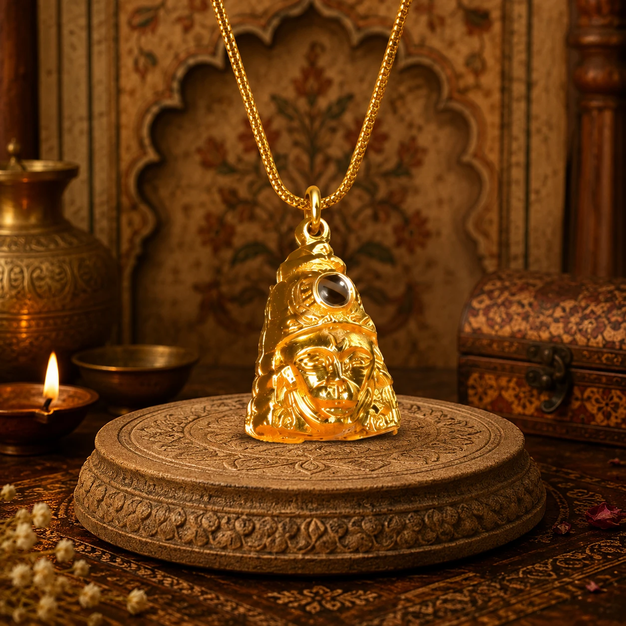 Close-up of the sculpted Hanuman pendant with oval stone detail, hanging above an ornate round pedestal