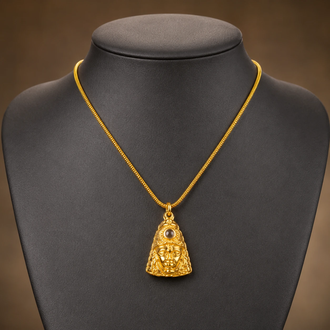 Front view of the necklace on a dark display bust, highlighting the triangular deity pendant and slim chain