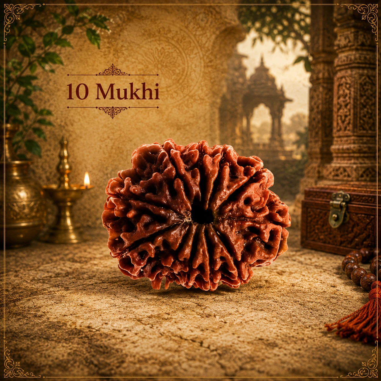 Front view of a brown 10 Mukhi Rudraksha bead on a stone surface with temple-style background