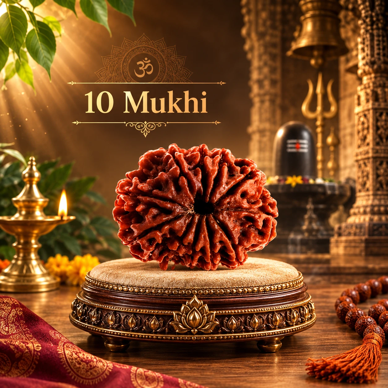 10 Mukhi Rudraksha displayed on an ornate round pedestal with diya, trishul and Shivling in background