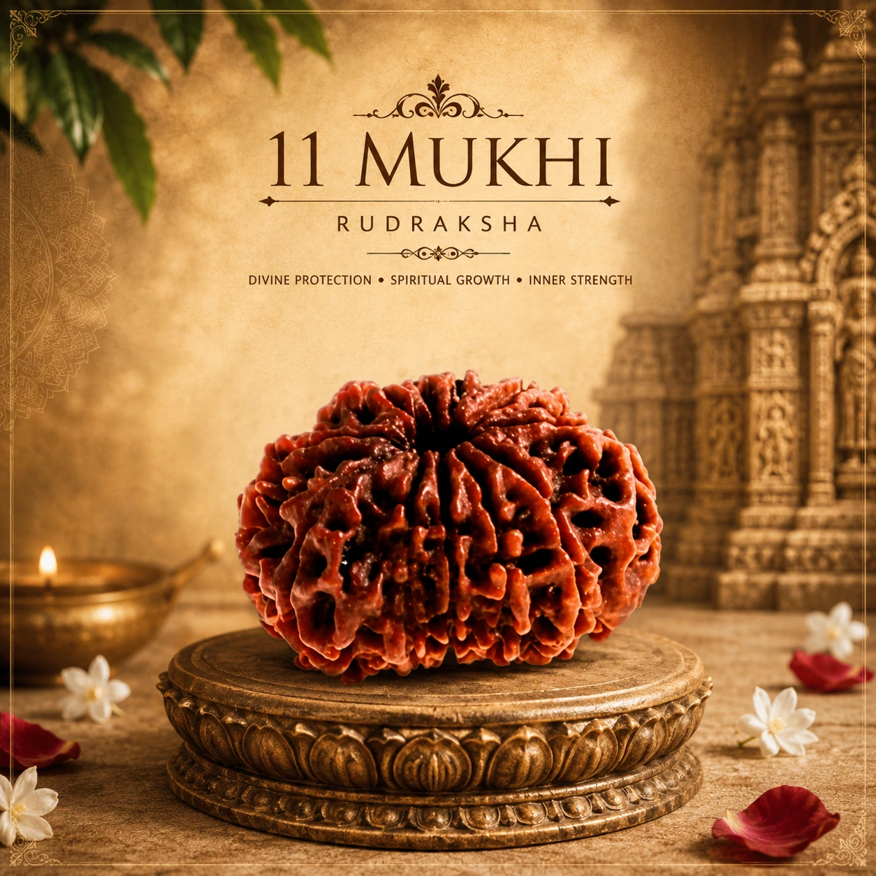 Close front view of 11 Mukhi rudraksha on an ornate golden stand with spiritual text above
