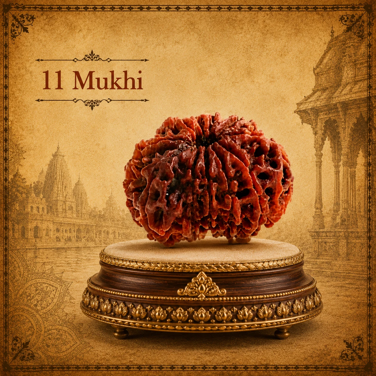 11 Mukhi rudraksha placed on a carved round pedestal against an antique temple illustration backdrop
