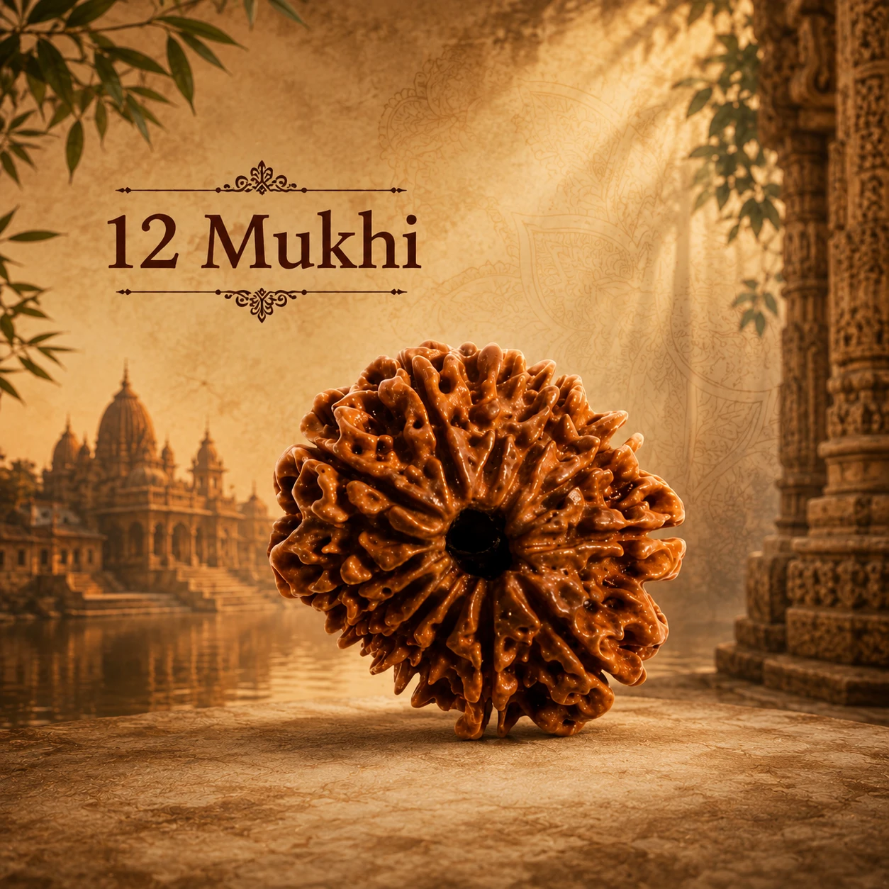 Close frontal view of the brown 12 Mukhi Rudraksha bead against a warm heritage-style backdrop
