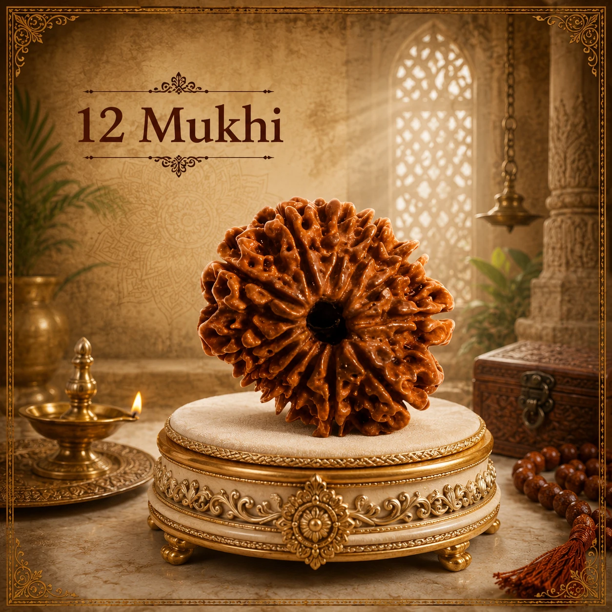 12 Mukhi Rudraksha bead on a cream and gold pedestal beside a diya and prayer beads