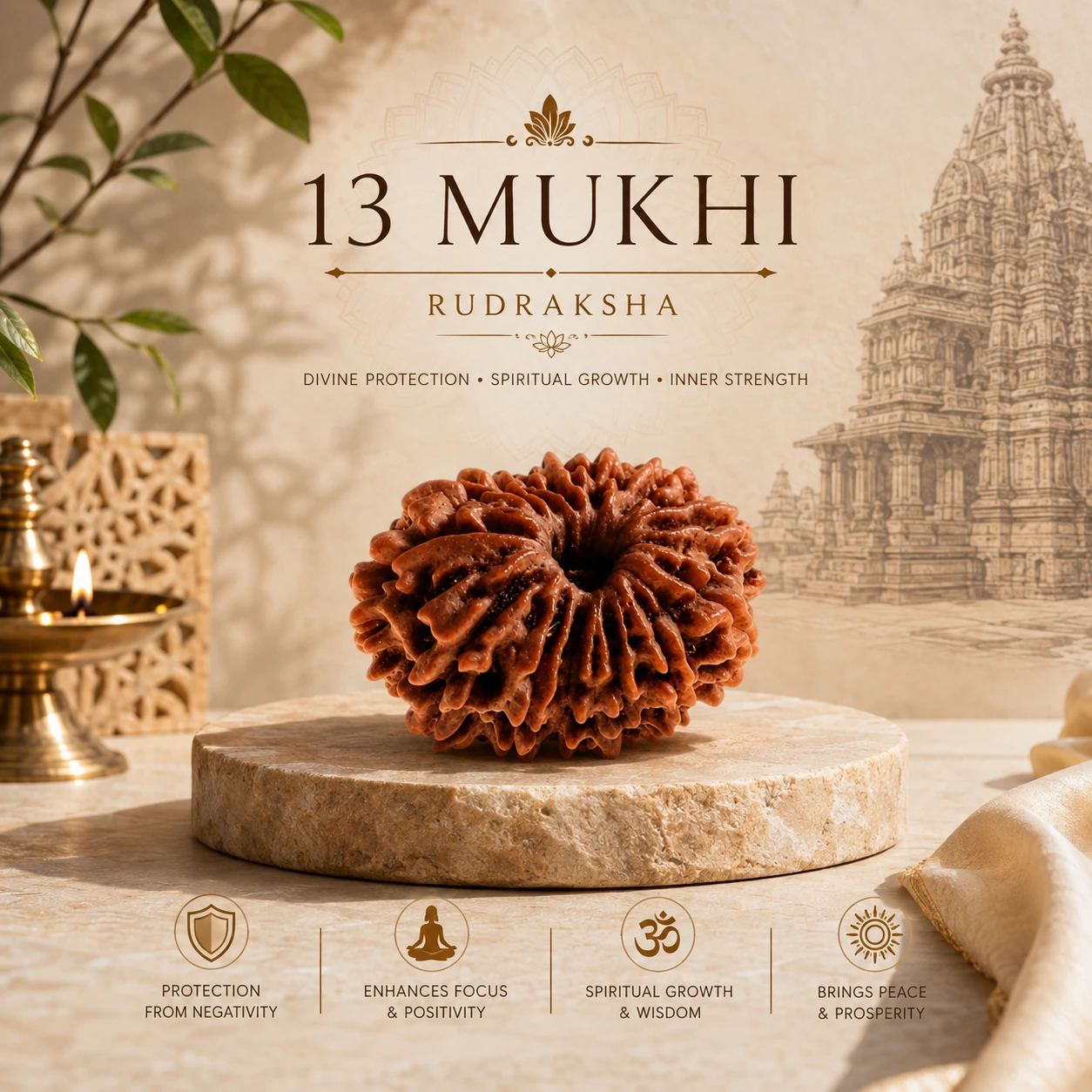13 Mukhi Rudraksha bead displayed on a round stone pedestal with spiritual benefit icons below