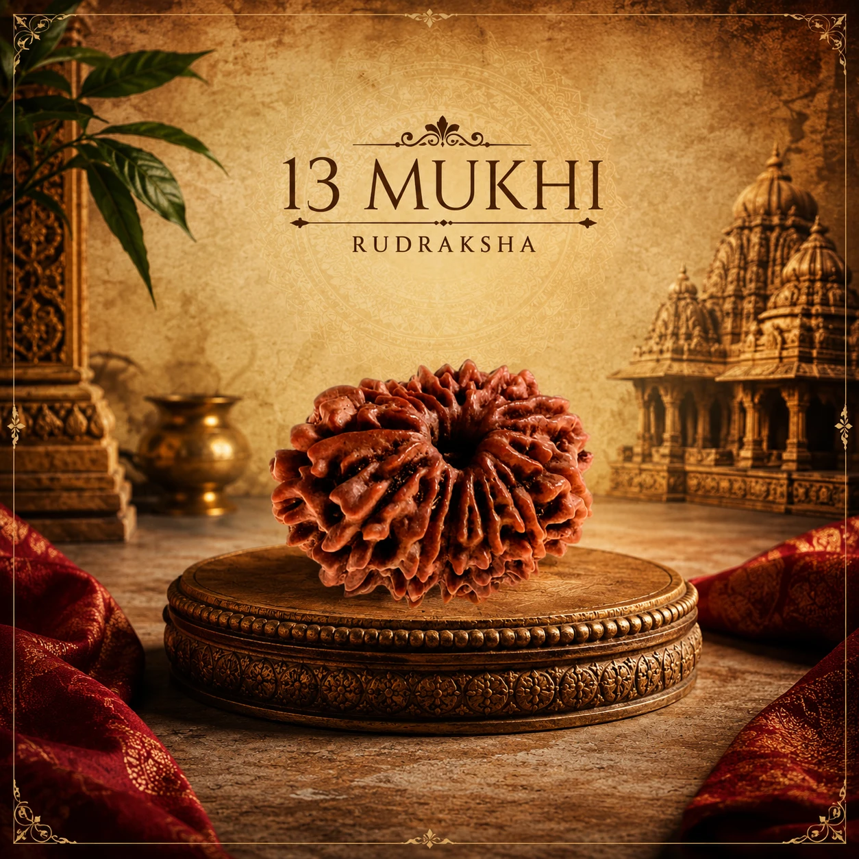 13 Mukhi Rudraksha bead on an ornate round stand with temple background and title text above
