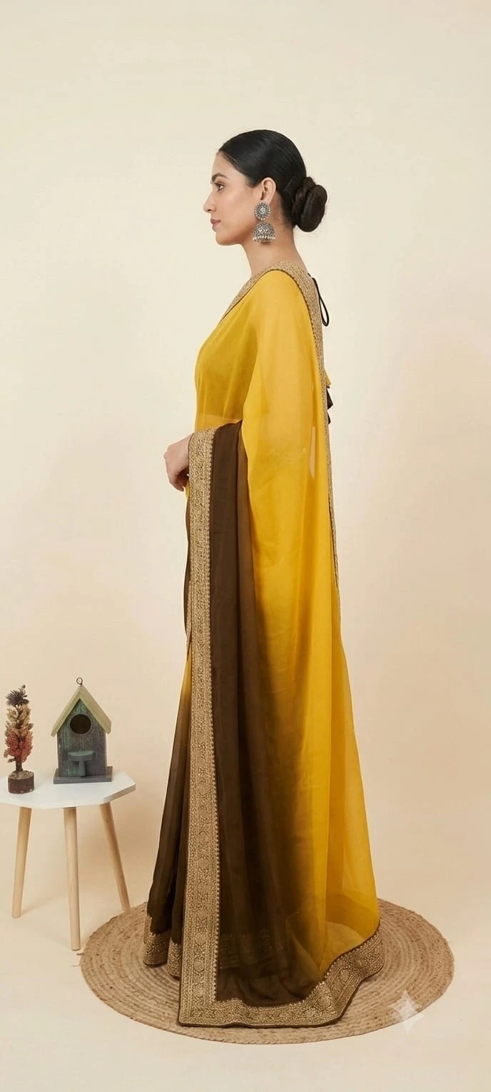 Side view showing yellow and brown drape with detailed heavy embroidery border
