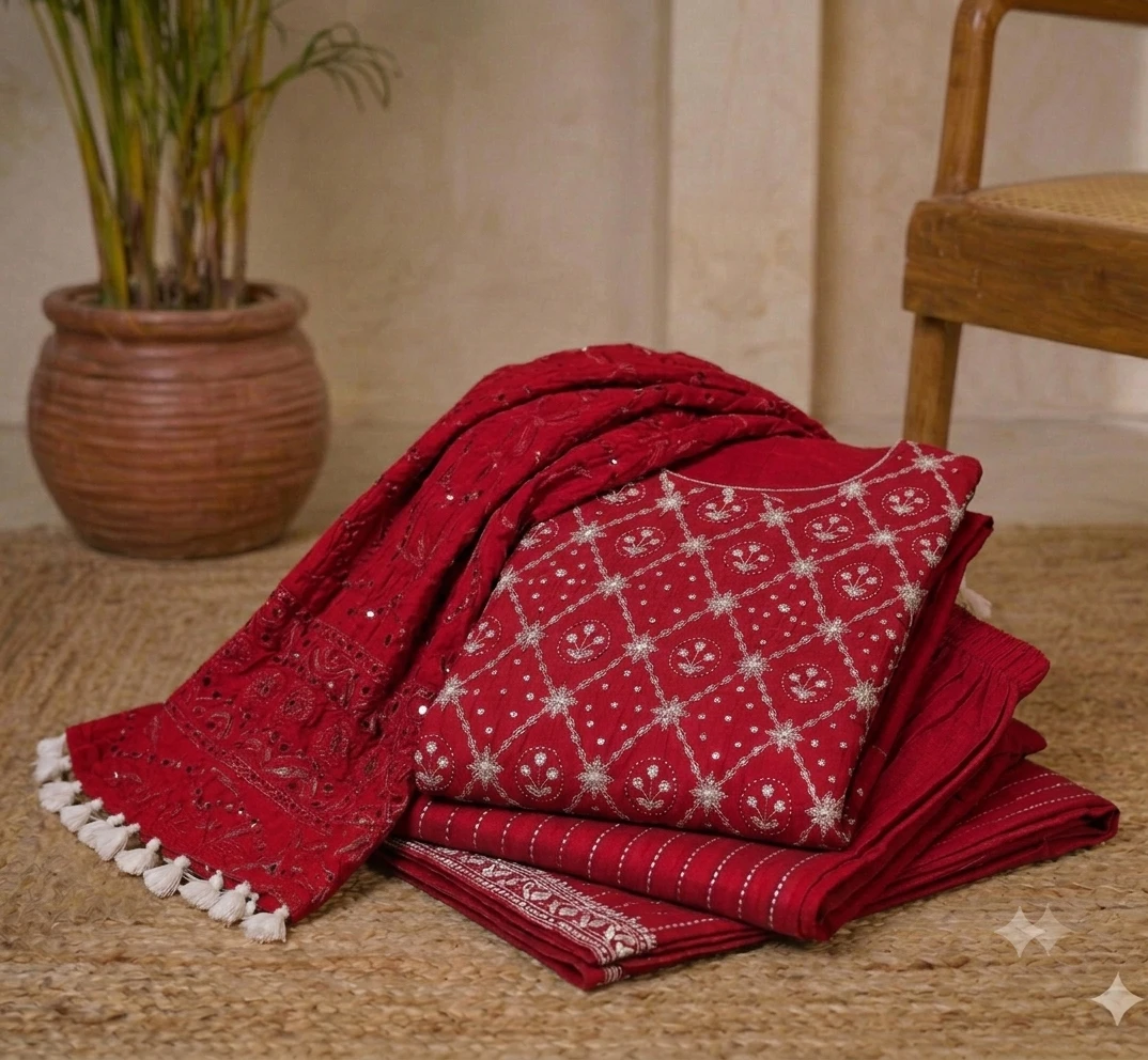 Folded red kurta set showing silver embroidery, striped pants fabric and dupatta with white tassels