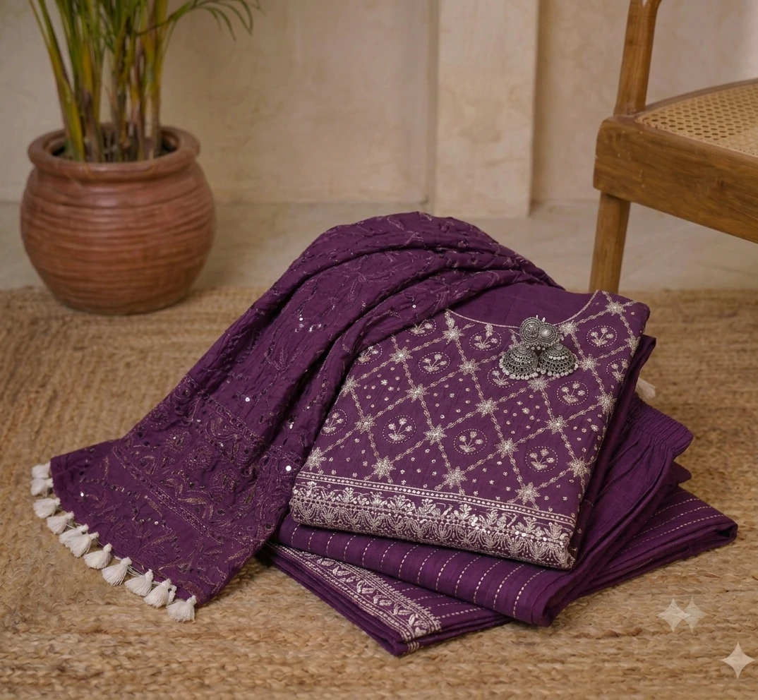Folded purple kurta set showing embroidered kurta, striped pants and tassel dupatta detail