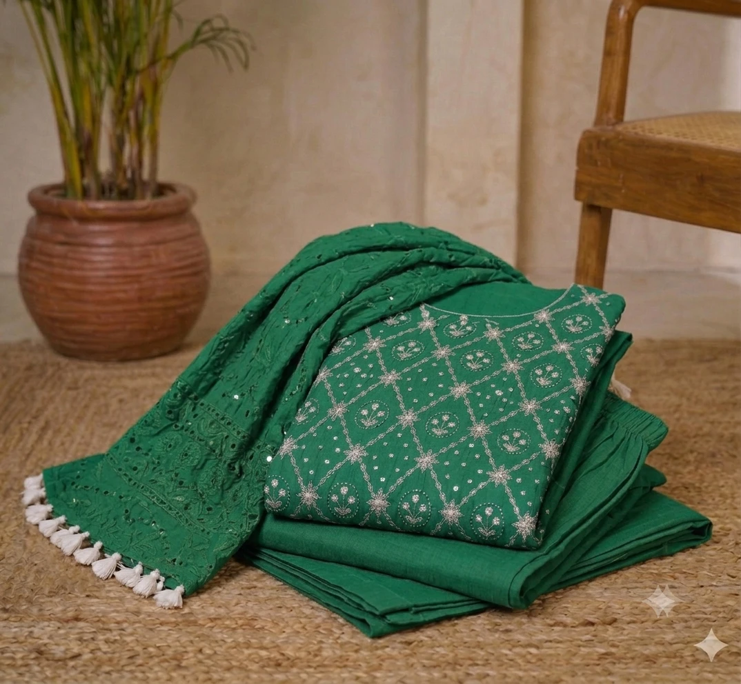 Folded sea green suit set showing embroidered kurta fabric, plain bottoms, and tassel-edge dupatta