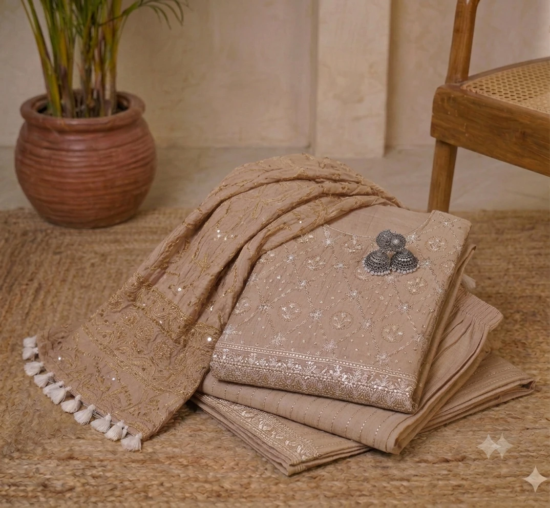Folded beige kurta palazzo set with embroidered dupatta and silver jhumka styling accent