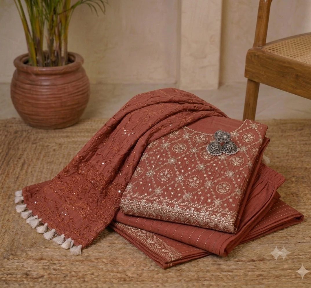 Folded rust kurta palazzo set with embroidered dupatta and white tassels laid on a woven rug