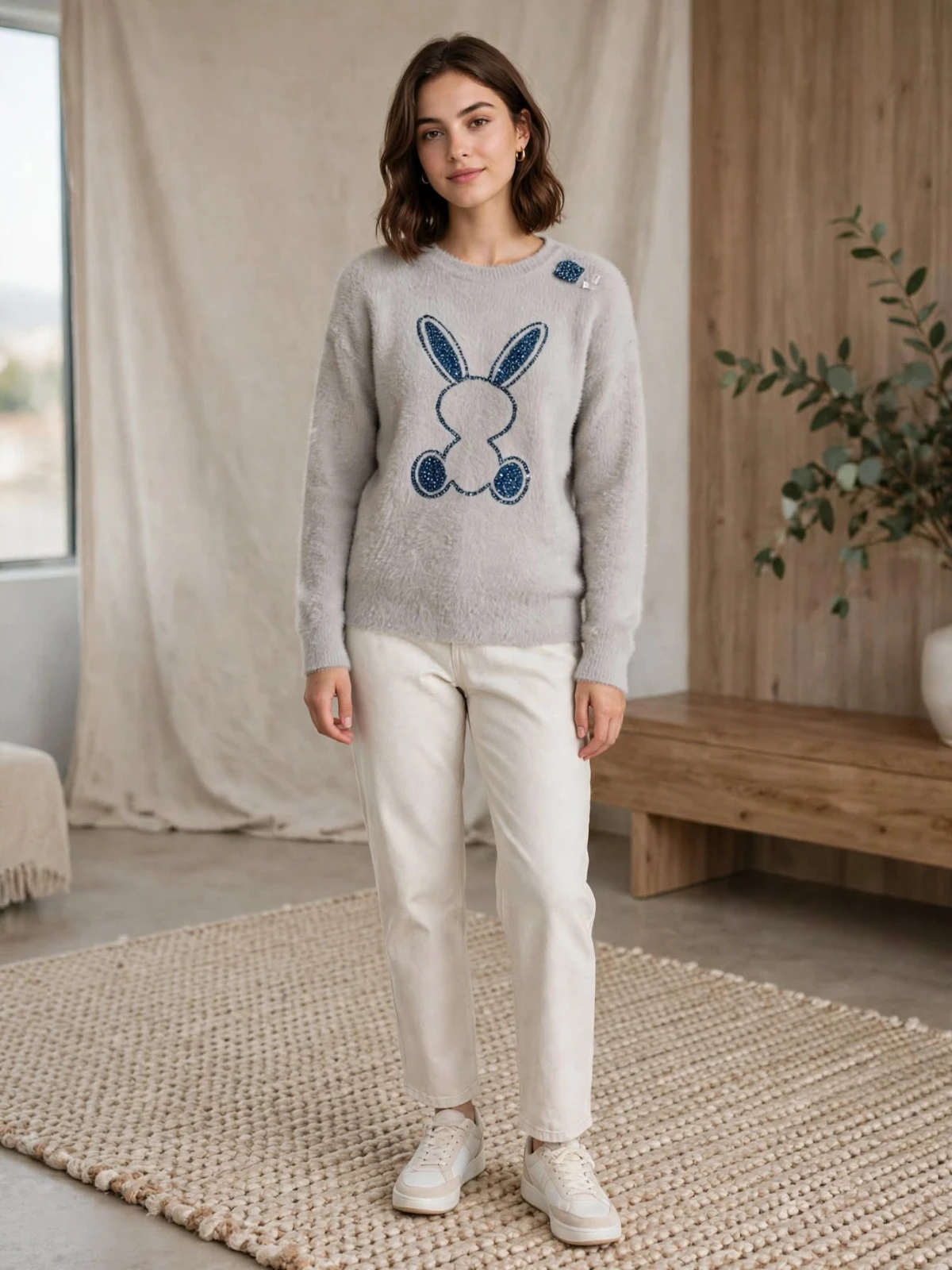 Full outfit view of the fuzzy light grey sweater styled with cream straight-leg trousers and white sneakers