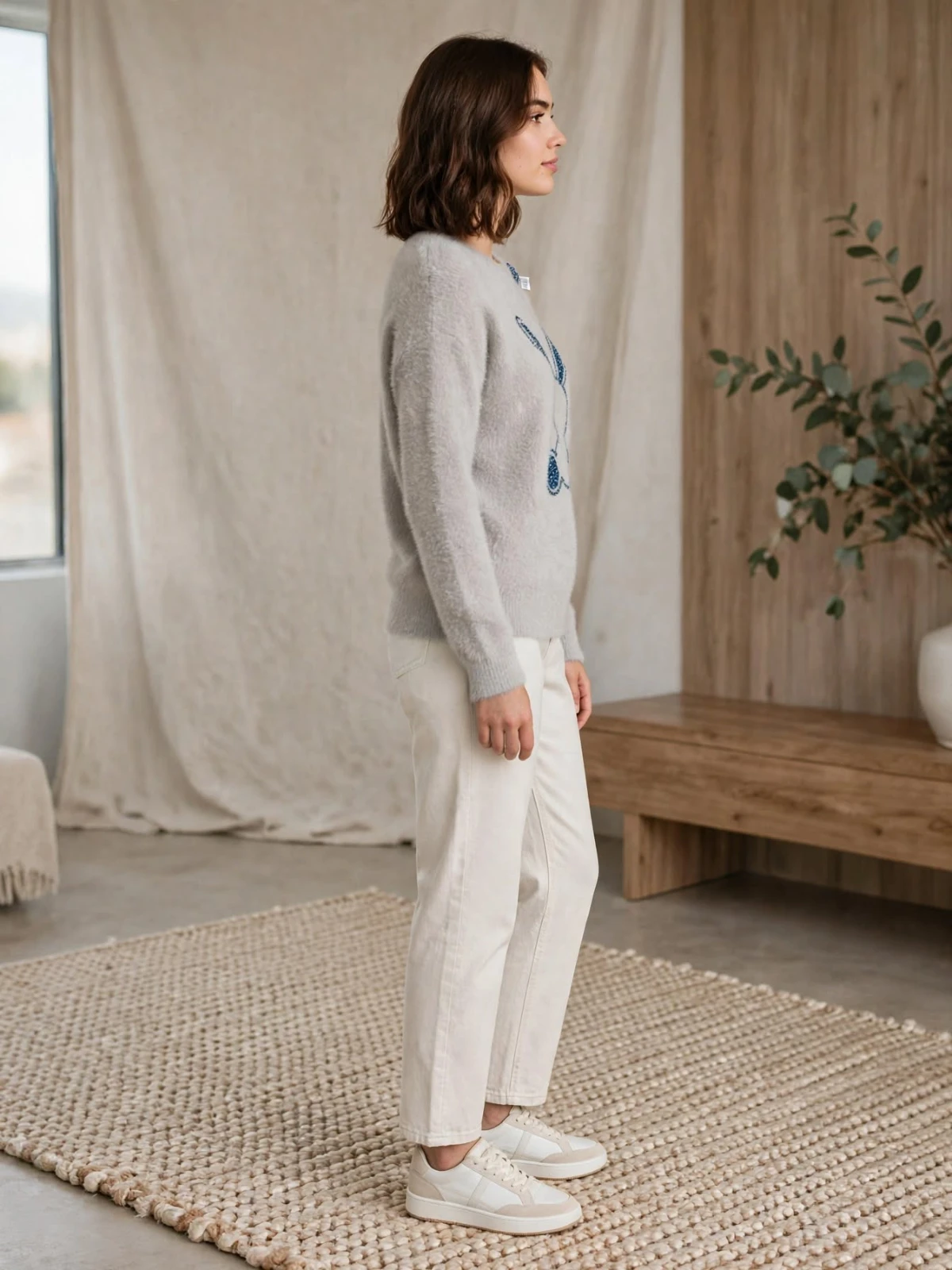 Left side profile of the fuzzy light grey sweater showing its relaxed fit and ribbed hem and cuffs