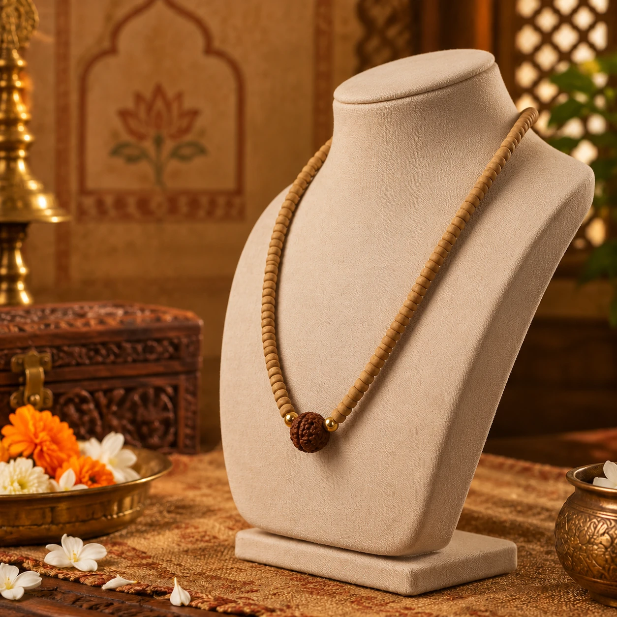 Angled view of tulsi-style bead necklace with rudraksha center on a cream display bust
