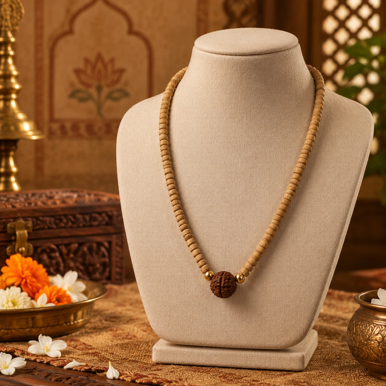 Slight angled view highlighting the long strand of light wooden beads and central rudraksha bead detail